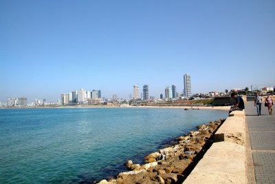 Tel Avivs skyline seen from the promenade in Jaffa to the south, next to the Mediterranean Sea.