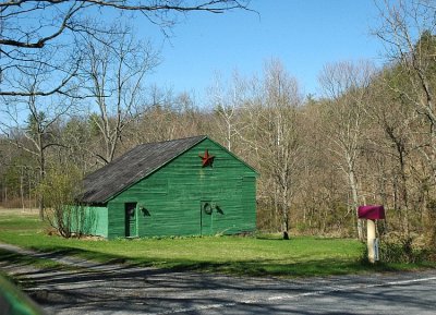 green barn, purple mailbox