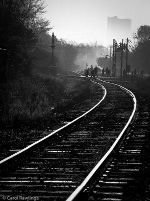 Foggy morning train tracks
