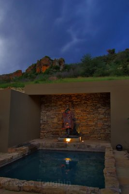 View of pool area at night