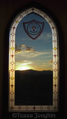 Sunset through a turret window