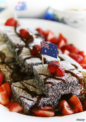 3008- australia day, australian flag, lamingtons, strawberries, chocolate sauce