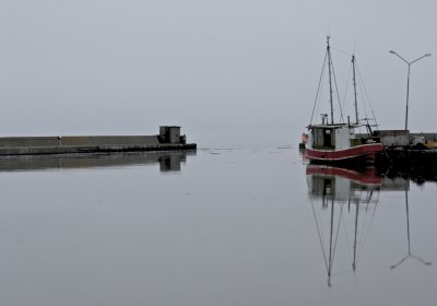 Fishing harbor a misty morning