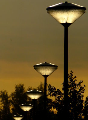 street lights by sunset