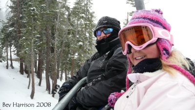 HANNAH AND STEVE ON THE CHAIRLIFT AND ITS SNOWING...WHOOOOP!!!