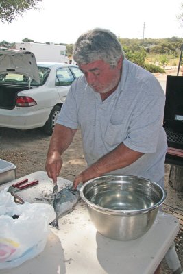 Steve taking scales off fish