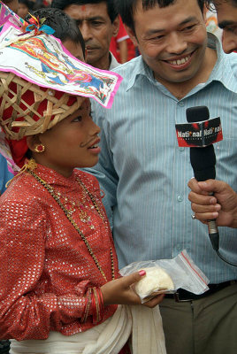 Young Girl Being Interviewed Gai Jatra Festival