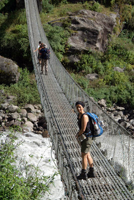 Hikers Crossing Suspension Bridge Annapurna Circuit