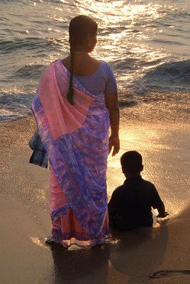 Woman in Pink and Blue Sari with Child Varkala