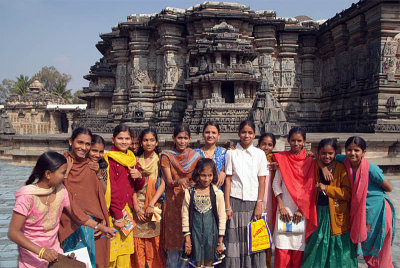 Visiting Girls in Temple Courtyard Belur