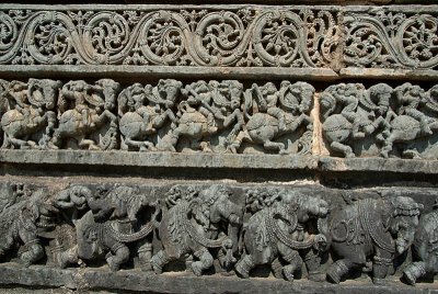Carved Stone Elephants Horses and Floral Scrolls Halebid