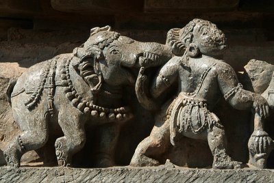Carved Stone Figure Leading Elephant Halebid