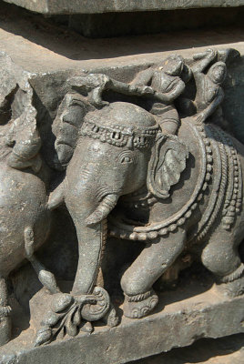 Carved Stone Elephant Cornerpiece with Figures Halebid 03