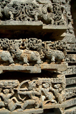 Carved Stone Peacocks Makaras and Ramayana Scene Halebid