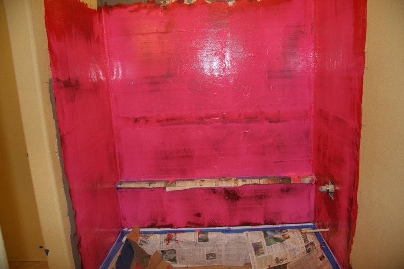 Water proof coating on the guest bath before starting to tile