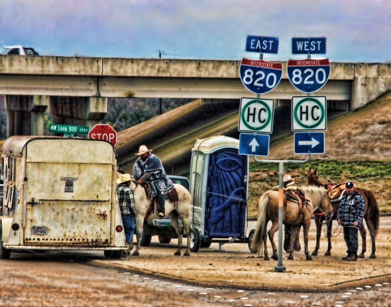 H IS FOR HISPANIC COWBOYS, HORSES, HIGHWAY INTERSECTION, AND HORSE TRAILER