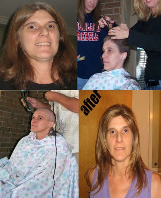 This is my friend, Dawn, who is currently undergoing chemotherapy for breast cancer.  She was sweet enough to send me these pictures which I put together in a little collage.  She is fighting right now and I'm there to support her in any way that I can.  These pictures are before, after they cut her hair real short, getting it shaved and then with her new hair.  Honey, I know exactly what was going through your head when you sat there having to endure this process.  You will get through this as you are a fighter and you have God on your side.  Keep your faith strong and keep Him close to your heart. You are not alone, girl and this April, you will be the one I'm running for in the Race for the Cure!!!  I've also added this song by Melissa Ethridge just to let you know that all of us Survivors are running for you and so many other women as well as myself that have been diagnosed.  God Bless you, Dawn, and know I'm here.  Just call or email me.  Love you!

