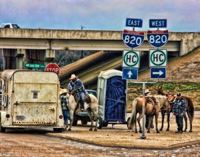 H IS FOR HISPANIC COWBOYS, HORSES, HIGHWAY INTERSECTION, AND HORSE TRAILER