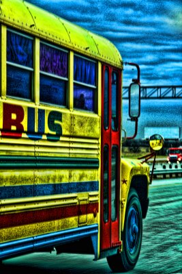 PSYCHEDELIC BUS WITH A RED DOOR