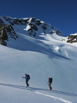 Skiing up to Cayoosh Mountain