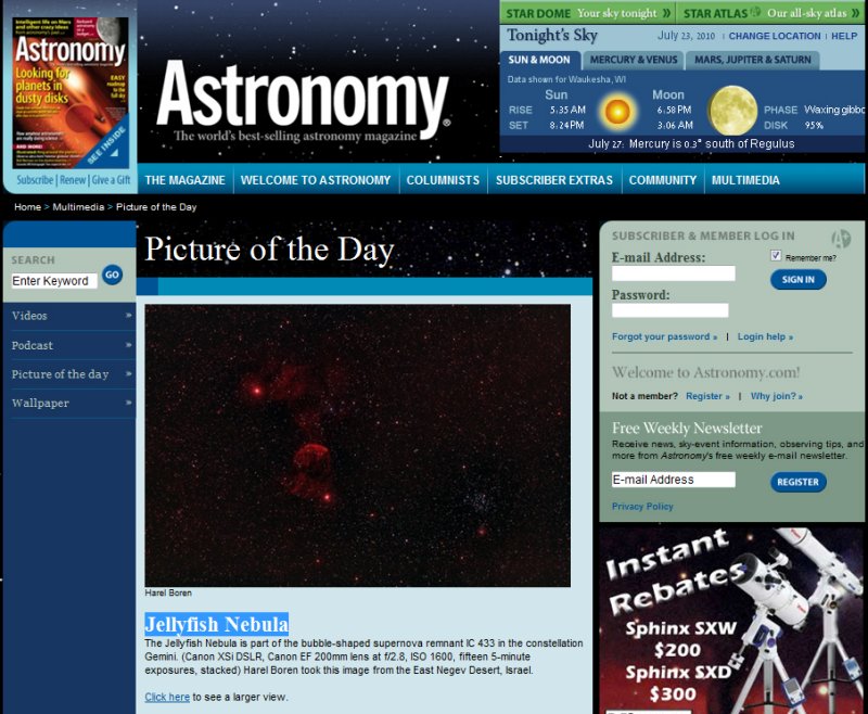 The Jellyfish Nebula Picture of the Day in Astronomy Magazines Web Site - July, 2010