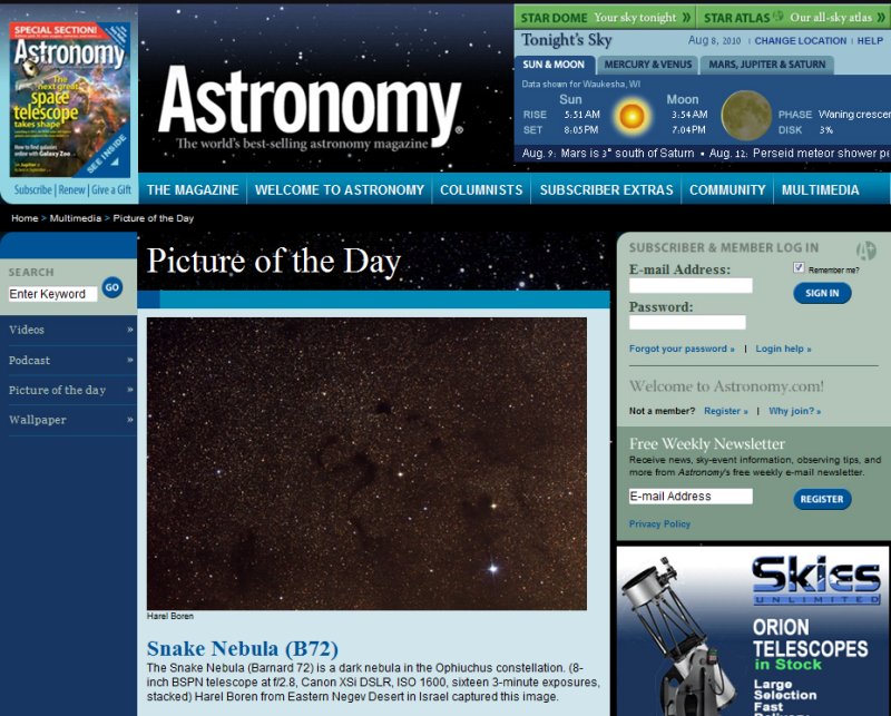 Aug. 6-8, 2010 Picture of the Day in Astronomy Magazines Web Site - Barnad 72 The Snake Nebula