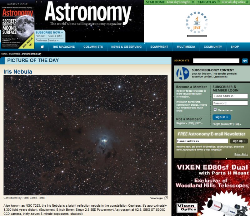 Jan. 24, 2011 Picture of the Day in Astronomy Magazines Web Site - The Iris Nebula