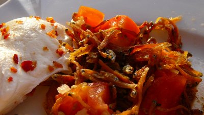 dried fish, egg & tomato