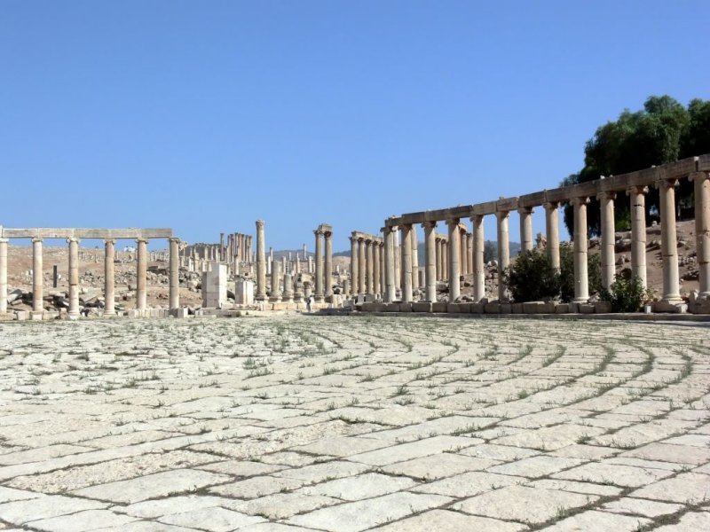 The colonnaded oval Roman Forum built sometime during the 2nd century A.D.