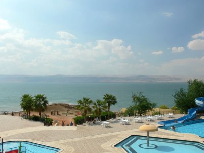 The Dead Sea where we went bobbing around like corks. That's Israel across the way