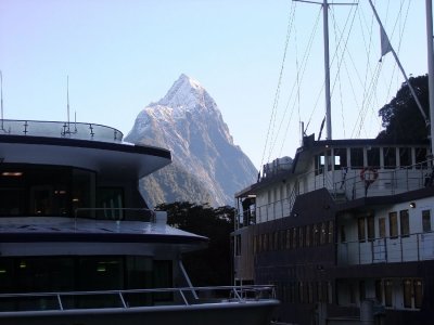 Milford Sound Harbor with Mitre Peak in the Background