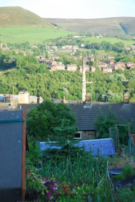 Allotment overlooking noon sun hill in Mossley