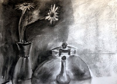Kettle and Vase in charcoal
