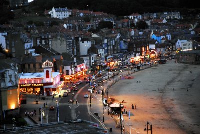 Nightime view of sea front in Scarborough