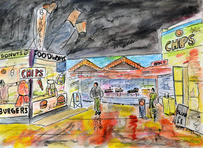 The Fair comes to Mossley pen, ink and watercolour