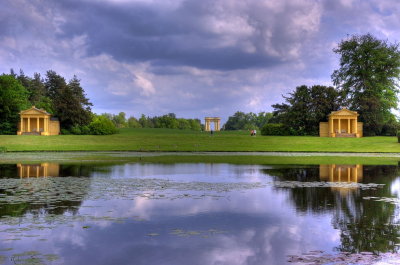 A view across the lake way from Stowe School toward the Eastern and Western Pavillions and Corinthian Arch (centre)