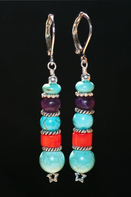 sterling earrings with turquoise, coral and sugilite beads.