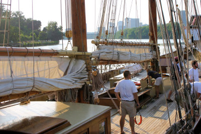 Tall ship docks at the Intermediate Terminal below the fall line.
