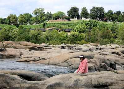 LDJ in foreground at Hollywood Rapids. Hollywood Cemetery visible at top of hill in background.
