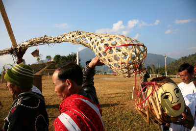 A human head use to hang from this ceremonial pole.  Now only a gourd with a face painted on it.