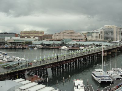 Darling Harbour under gray skies