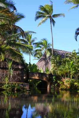Thatched houses of Tahiti, Polynesian village, Oahu, Hawaii, USA