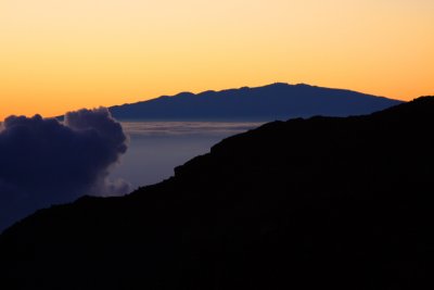 Blue dawn gives way to yellow light, Haleakala National Park, Maui, Hawaii, USA