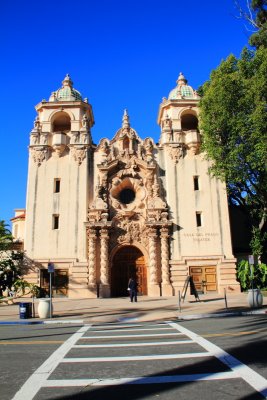 The Casa del Prado Theater, with Churrigueresque ornamentation framing the entrance, Balboa Park, San Diego