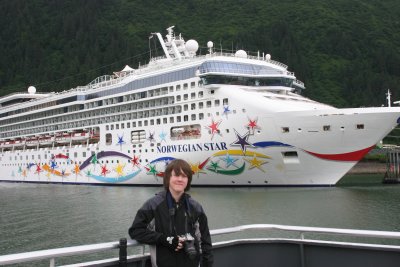 Aidan with our cruise ship behind him. Heading out of Juneau.