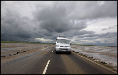 Driving the causway to Lindisfarne at low tide - England