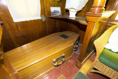 Casket viewing area inside the Descanso Trolley Funeral Car