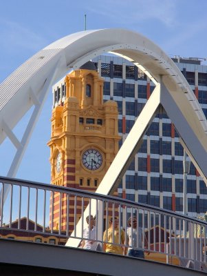A view across Southgate Footbridge to Flinders St. Station Clock Tower