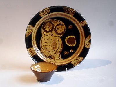 Owl Plate and 'Iron Oxide' Glazed Bowl