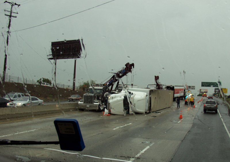 Some Where In Southern California...That Truck Actually Broke Through The Cement Barrier Between North And South Bound Lanes